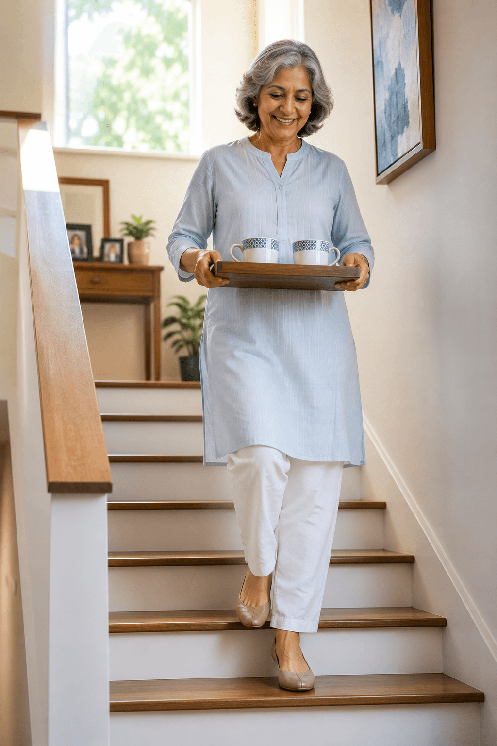 A woman carrying a tray down a flight of stairs at home, moving comfortably and unaided