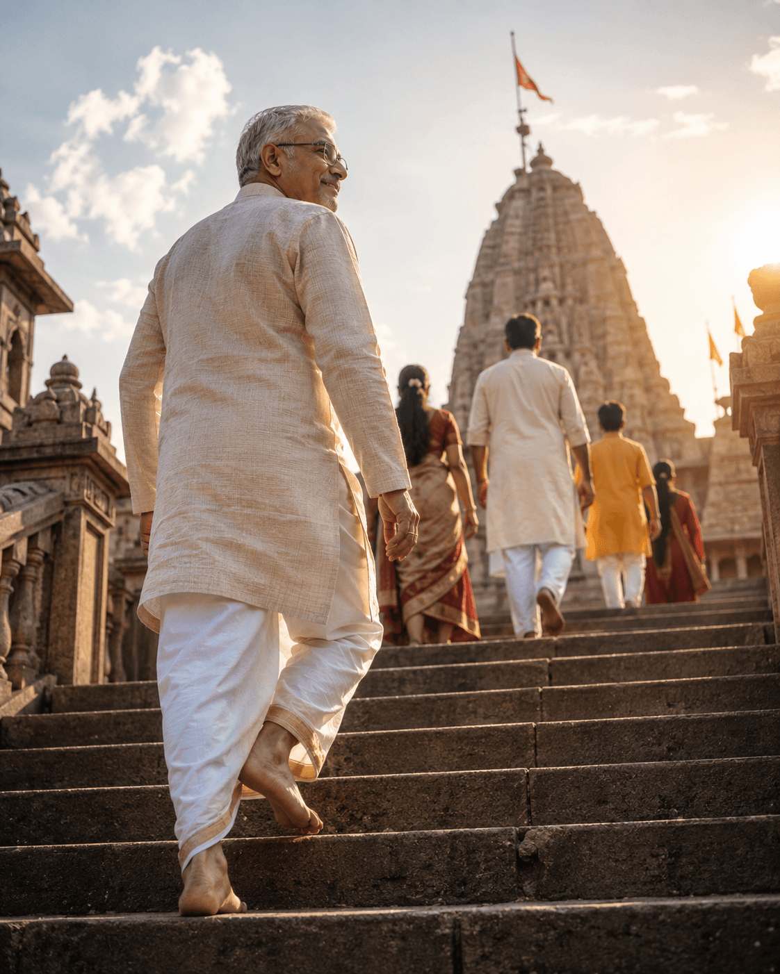 An older man climbing temple steps with his family at sunset