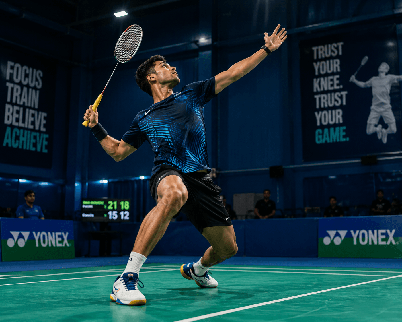 A badminton player leaping into an overhead smash during a match
